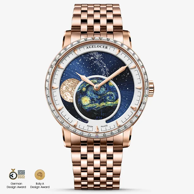 AGELOCER Original Astronomer Series Men Gold Automatic Mechanical Watches Casual Stainless Steel