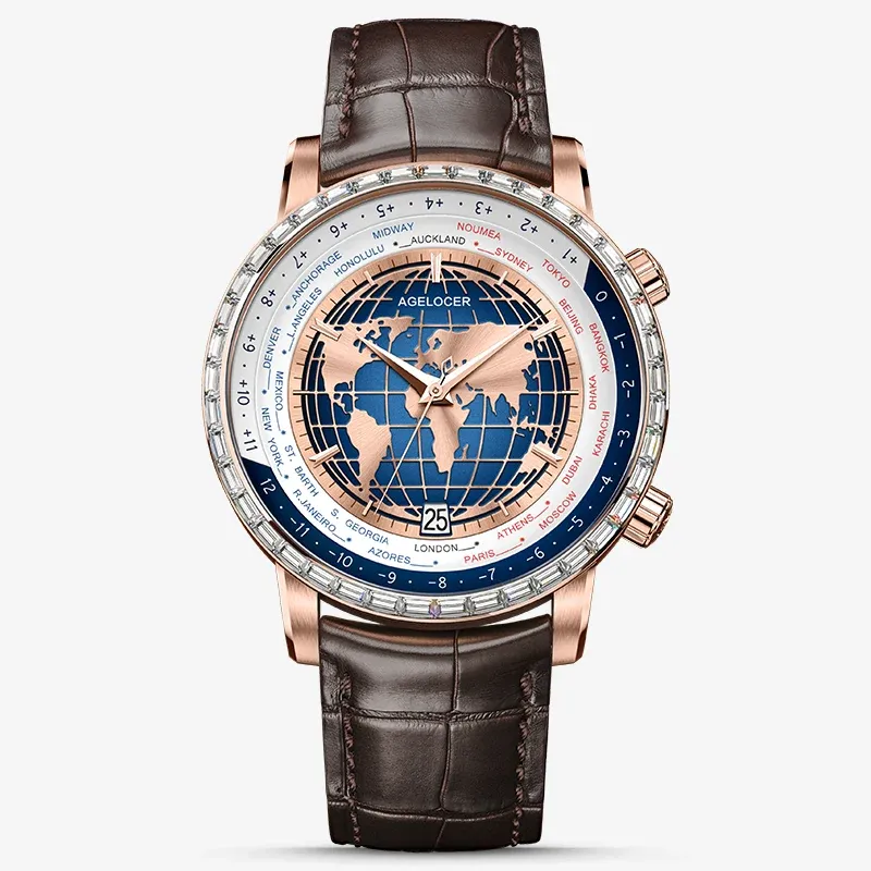 AGELOCER Original Universal Time Series Gold Automatic Mechanical Watch Men-Zircon Edition