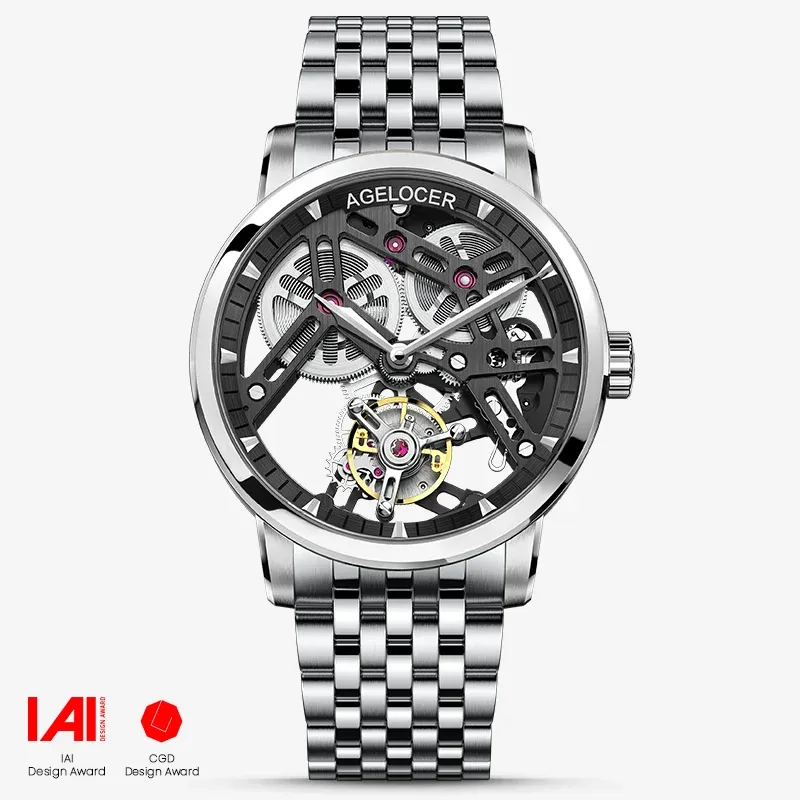 AGELOCER Original Hollow Free-sprung Balance Flying Tourbillon Mechanical Watches Men Manual Winding Casual Stainless Steel