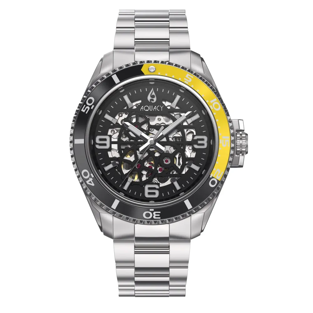 Aquacy Hei Matau Skeleton Watch 200M Black Dial Yellow Bezel Men's Automatic