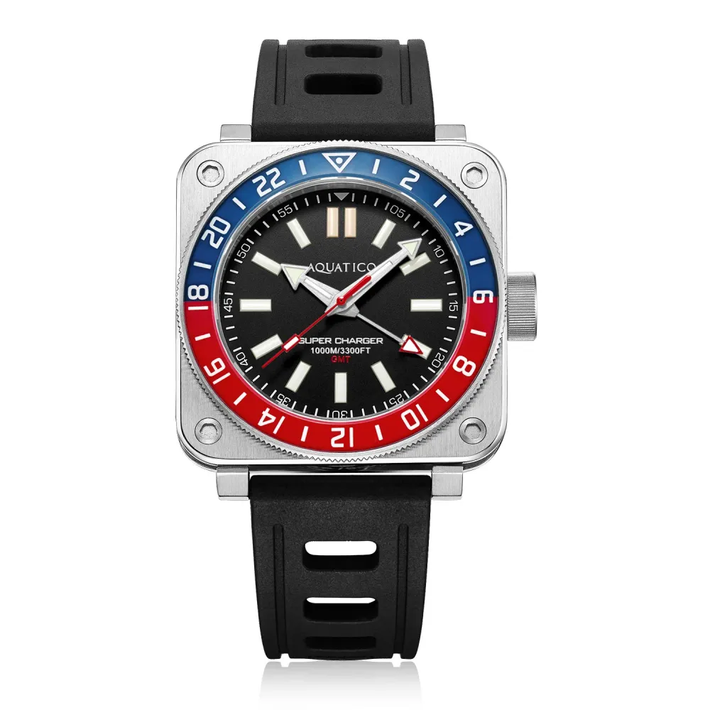 Aquatico Steel Man GMT Watch (Black Dial Pepsi Bezel) NO DATE