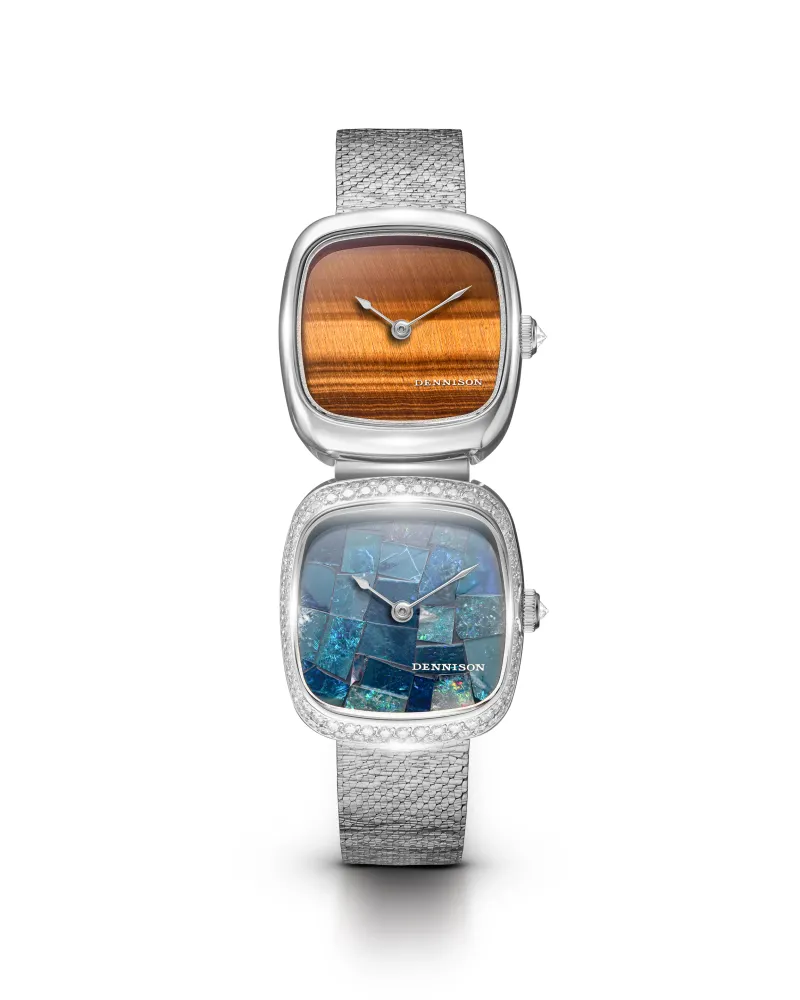 Dual Time Mini – Tiger Eye In Steel & Opal Diamonds