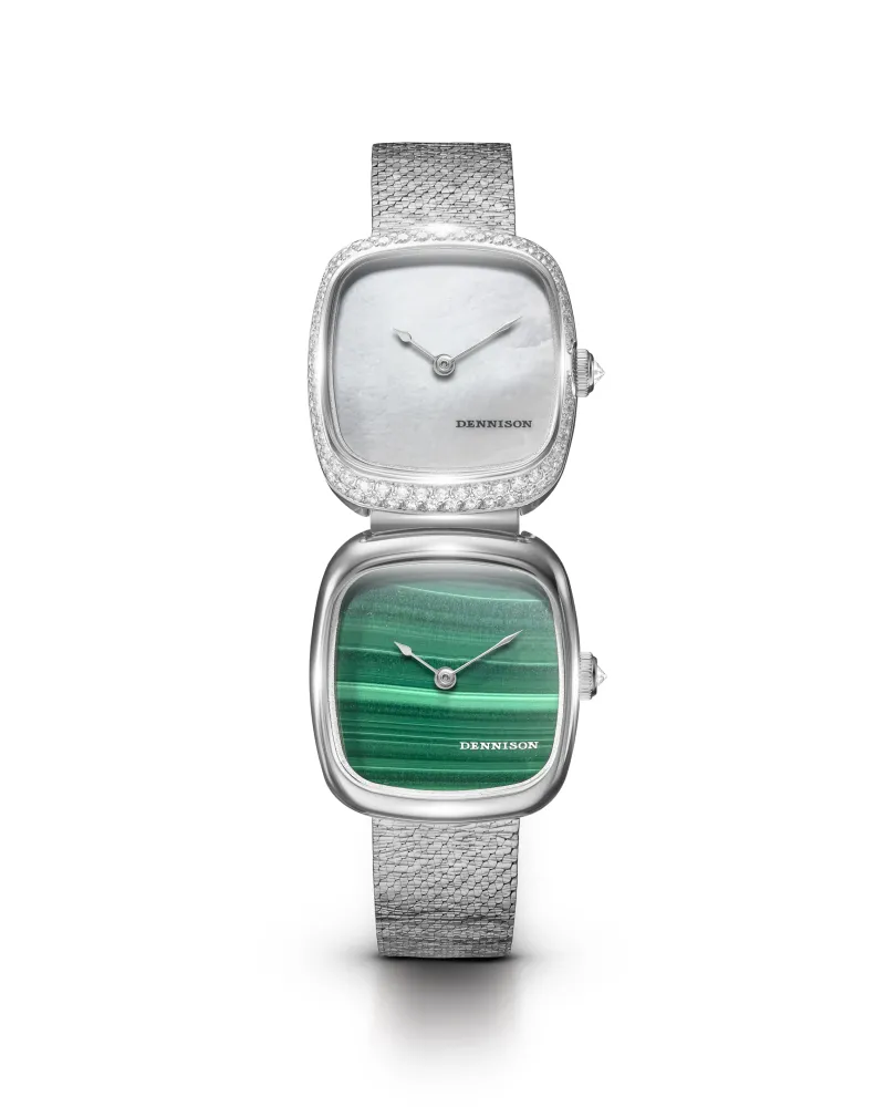 Dual Time Mini – White MOP Diamonds & Malachite In Steel