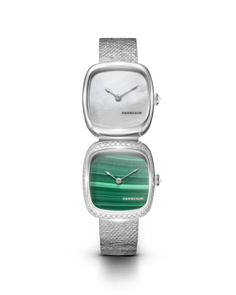 Dual Time Mini – White MOP In Steel & Malachite Diamonds