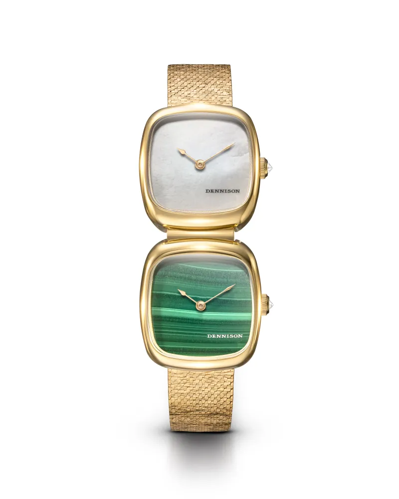 Dual Time Mini – White MOP & Malachite In Gold