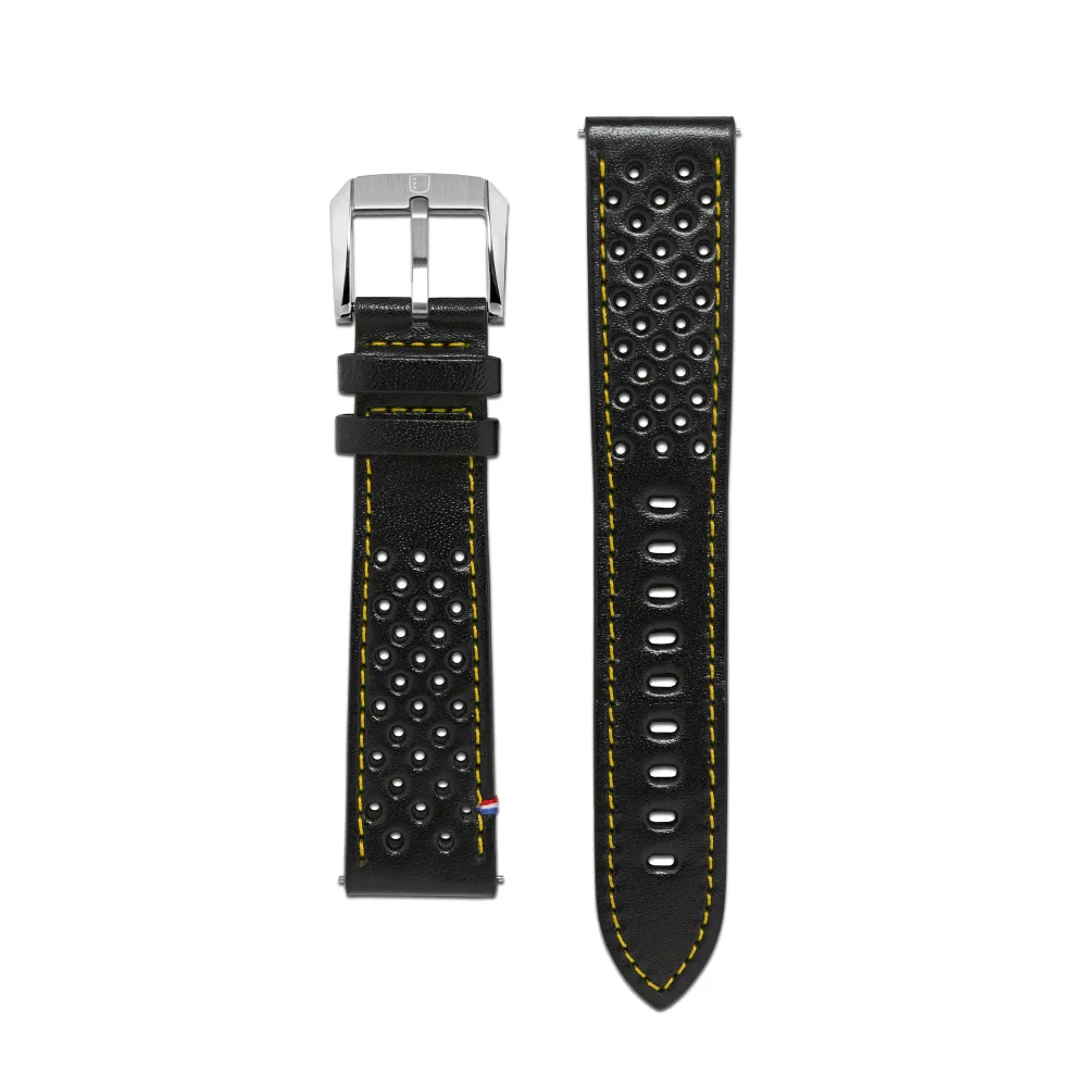 Bracelet Cuir - Racing Noir surpiqûre Jaune - 22mm