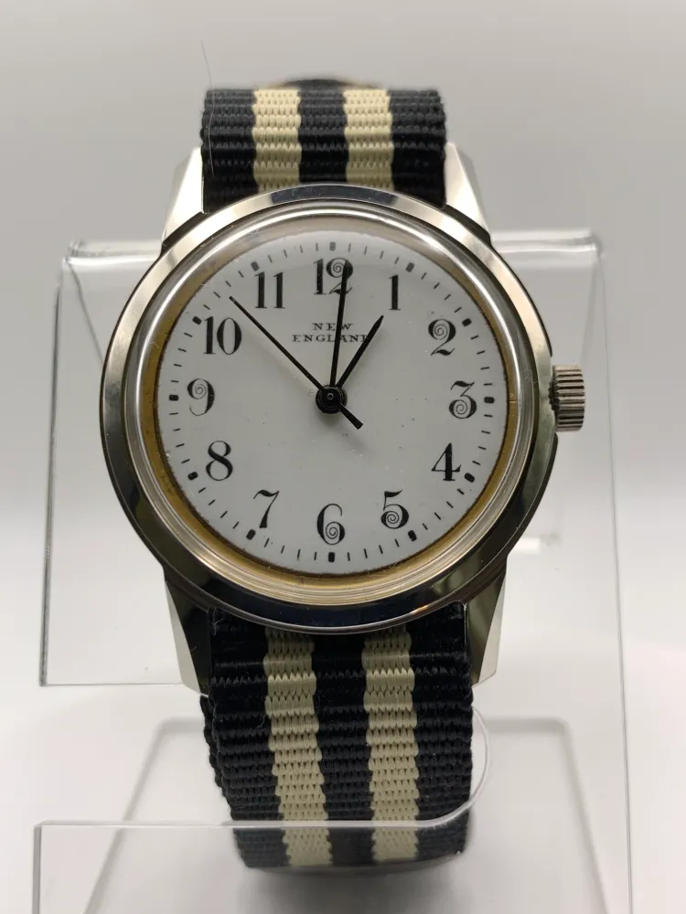 Bishop. Marriage watch. 33mm NOS stainless steel vintage case. Vintage enamel  ‘New England’ dial. Miyota 2036 quartz movement.