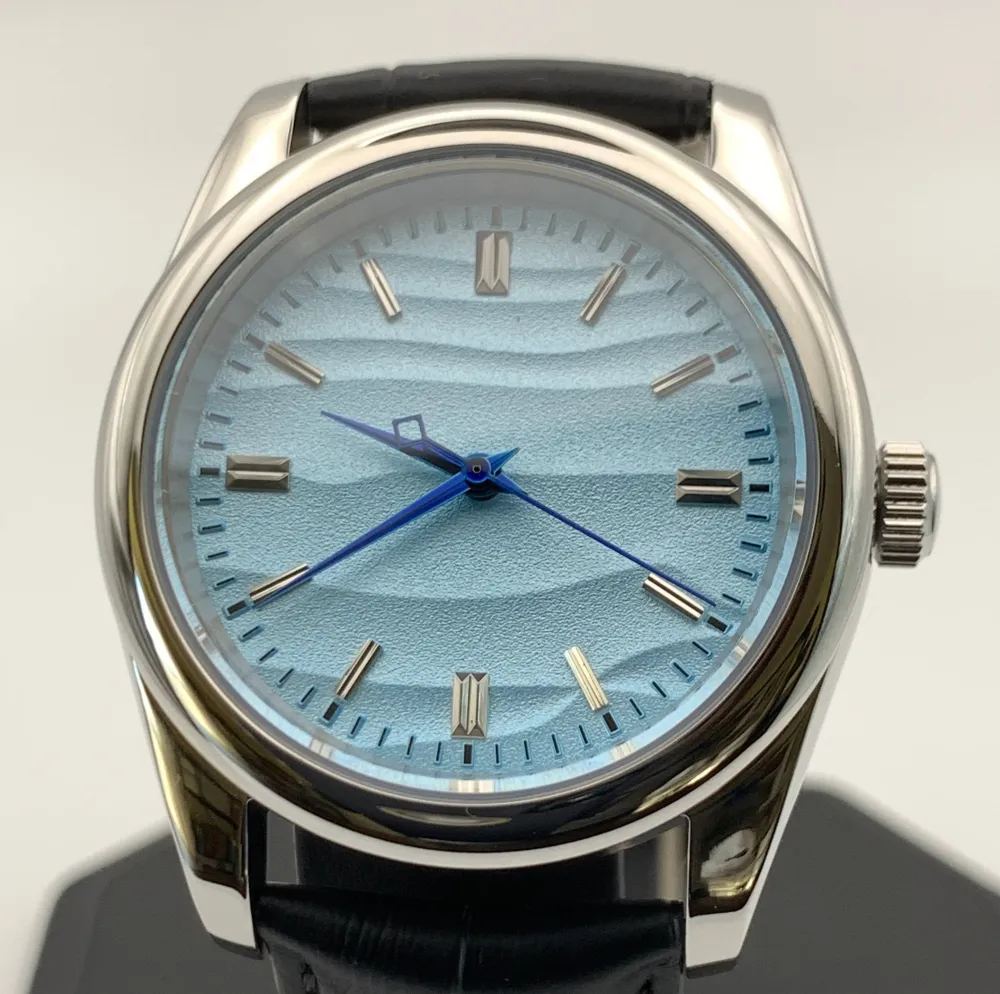 ‘Sold - Custom Automatic Blue Wave Textured Dial Wristwatch