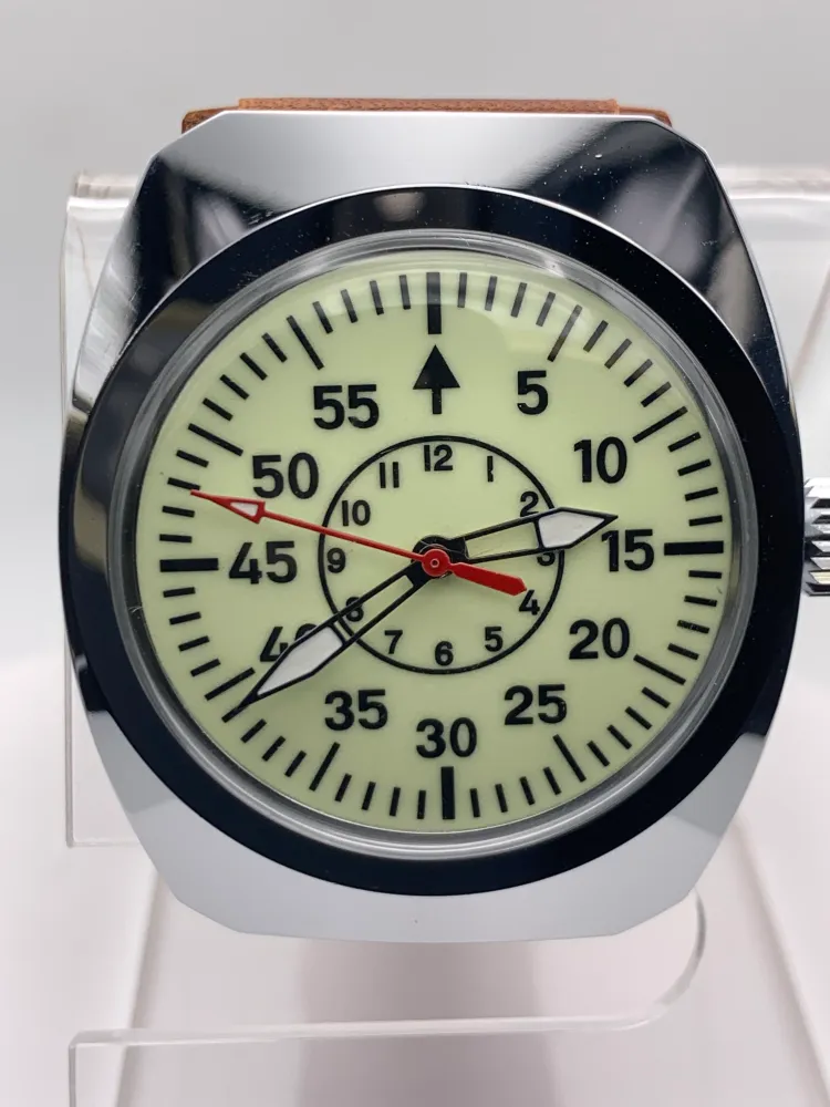 Full Moon. Neo Vintage. Fully Lumed Flieger B style. 36mm NOS Gruen case. Acrylic domed crystal. Seiko VH31 mecha-quartz.