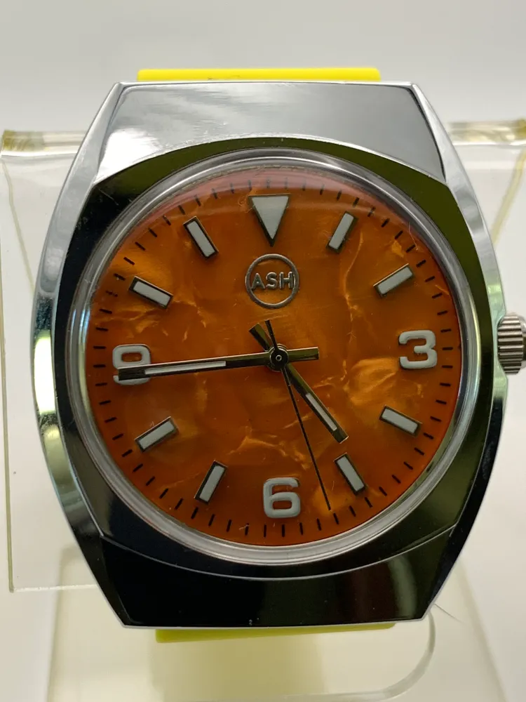 Dusk. Orange Shell Dial. 36mm NOS Gruen Case. Miyota 2039.
