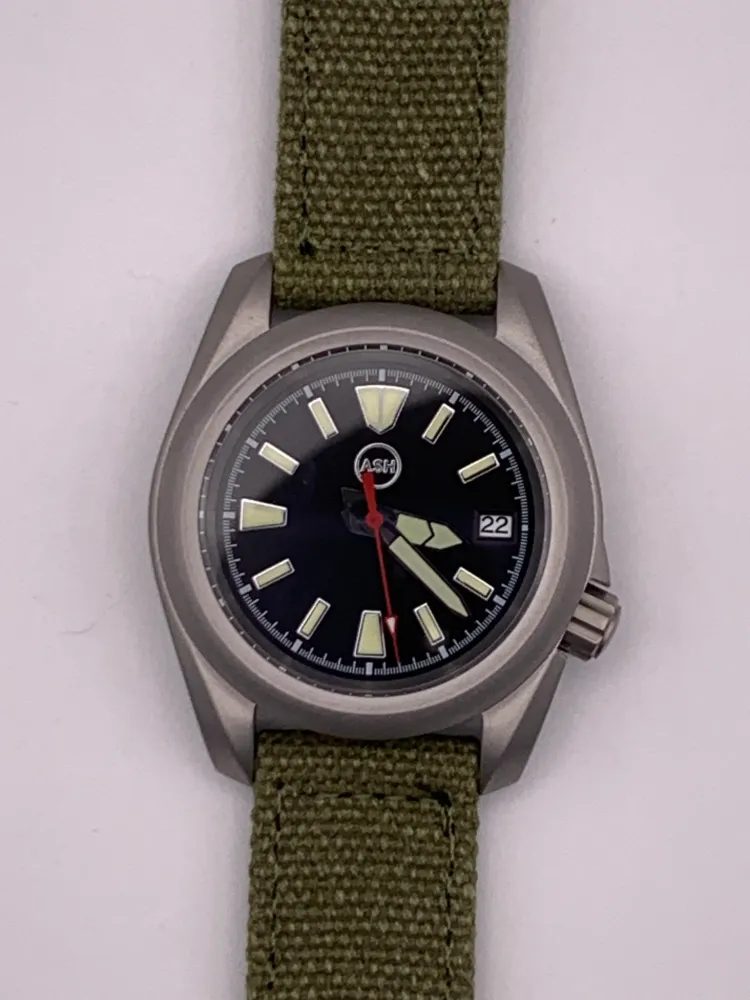 Outrider. 38mm bead blasted stainless steel. Crown at 3.8.  Sapphire crystal. Seiko NH35.