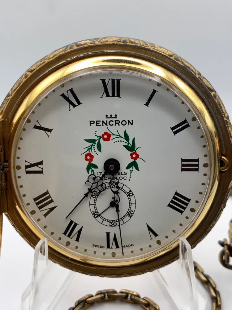 Pencron 44mm Swiss pocket watch. Unitas 6325 hand winding movement. Acrylic dome. Period correct chain and pocket knife.