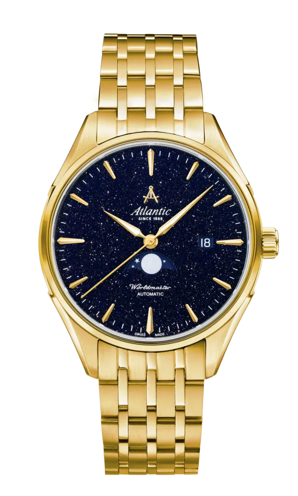 Atlantic Worldmaster Nightsky Moonphase | Yellow Gold PVD with Blue Aventurine Stone Dial