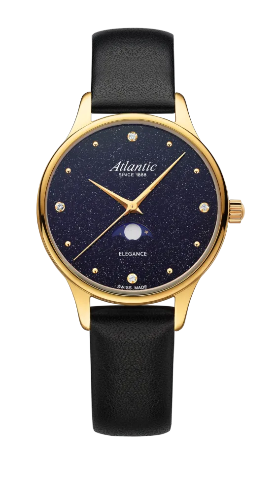 Elegance Nightsky Aventurine with Moonphase | Yellow Gold on Leather