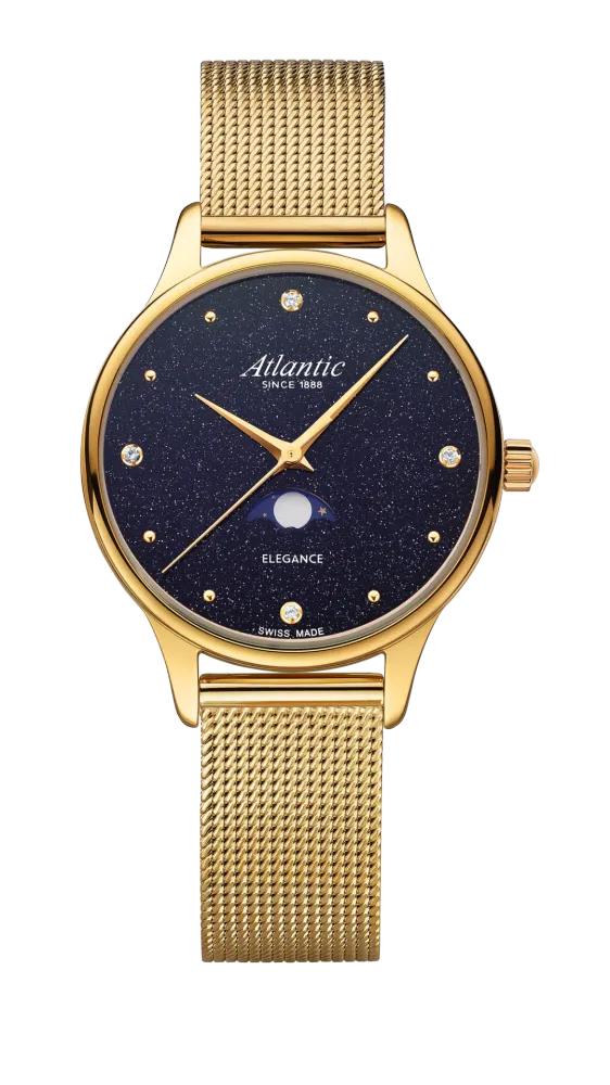 Elegance Nightsky Aventurine with Moonphase | Yellow Gold on Mesh Bracelet