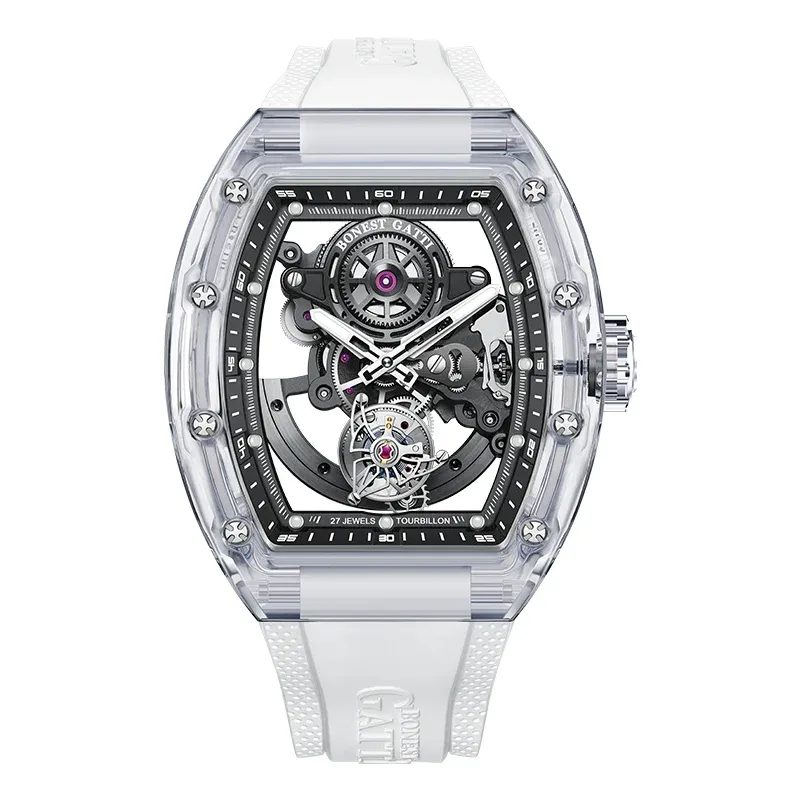 BG7001 K9 Crystal Tonneau Skeleton Tourbillon Watch