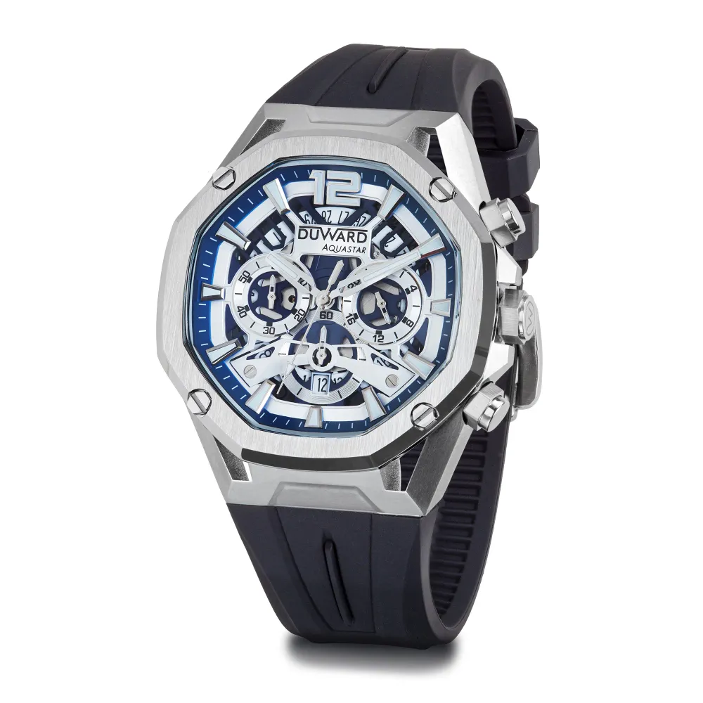 Reloj Hombre deportivo DUWARD Aquastar acero   esfera azul 10 Atm silicona